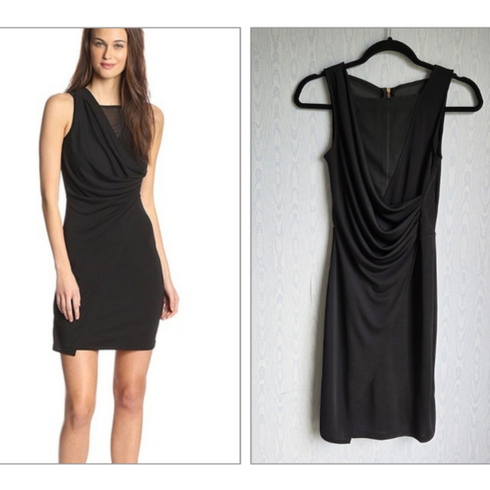 French Connection 0 Black Faux Wrap Sleeveless Mesh Inset Mini Dress Stretch LBD
